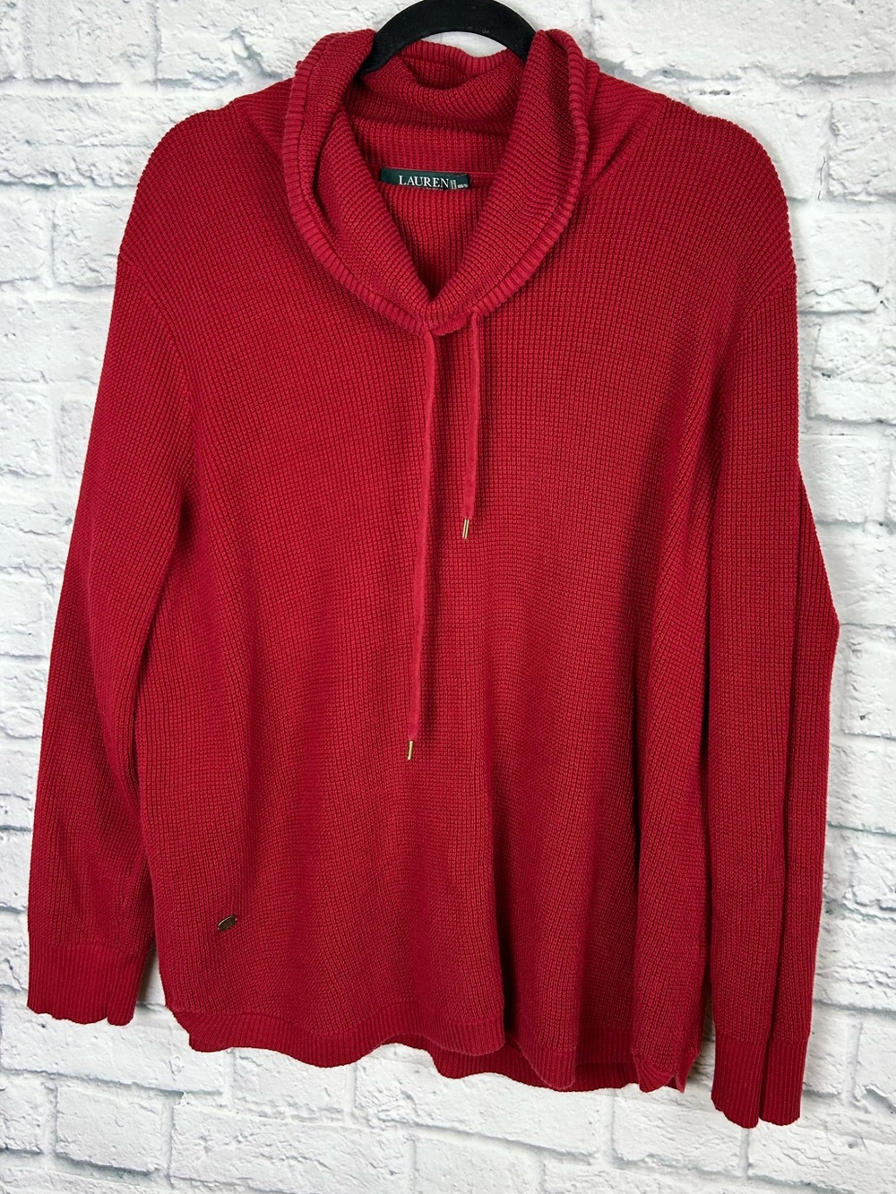 Lauren Ralph Lauren Women’s 2X Red Cotton Cowl Neck Drawstring Sweater Plus